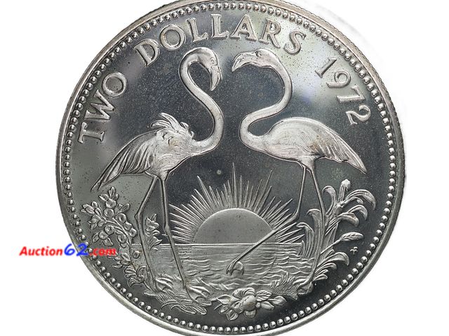 Lot 44-8320m - 1972 TWO DOLLARS SILVER BAHAMAS PROOF. A VERY HUGE COIN WITH .866 TROY OUNCES OF SILVER AND PRETTY FLAMINGOS ON THE REVERSE. THAT'S A LOT OF...