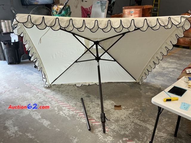 Lot 44-1212g - Retail value $95- Elegant Valance 7.5 ft. Aluminum Market Tilt Patio Umbrella in White/Black E-Commerce Return, A basic inspection has been ...