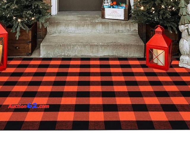 Lot 44-6752p - Orange and Black Plaid Rug, 4' x 6' Fall Outdoor Front Door Decor Mat, Cotton Washable Hand-Woven Rug for Layered Doormat Appears New, A bas...