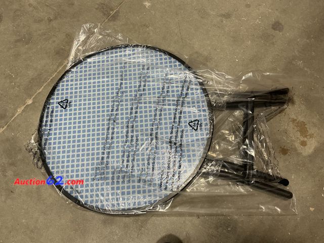 Lot 44-114w - Glass Round Printed Folding Outdoor Portable Side Table Blue/White/Black - Room Essentials™ Appears New, A basic inspection has been given t...