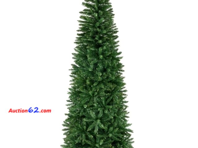 Lot 44-6963w - 7.5t Unlit Spruce Pencil Christmas Tree w/ Folding Metal Base Appears New, A basic inspection has been given to this item. Sold AS-IS.
