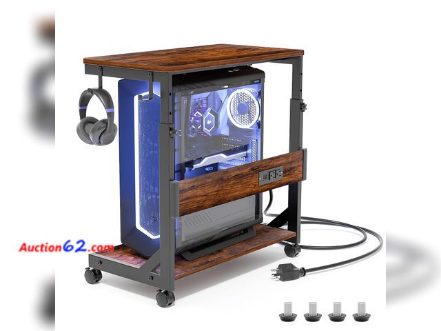 Lot 44-1633e - Hovadova Computer Tower Stand with Charging Station for Full ATX-Case,Brown Not Tested See All Photo's E-Commerce Return, A basic inspection...