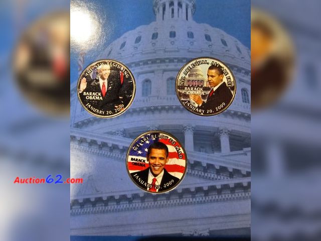 Lot 44-8330q - THREE COLORIZED BARACK OBAMA KENNEDY HALF DOLLARS. FROM THE LIMITED EDITION OBAMA INAUGURAL COIN COLLECTION SET. COMES W/CERTIFICATE OF AUTH...