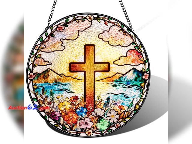 Lot 44-619m - Stained Glass Cross Suncatcher 8 Inch Floral Window Hanging Christian Home Decor Catholic Cross Decor Memorial Gifts for Women Mom Grandma N...