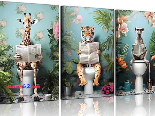 Lot 44-9107b - 3Pcs Funny Animal Bathroom Canvas Wall Art 12x16inx3pcs Appears New, A basic inspection has been given to this item. Sold AS-IS.