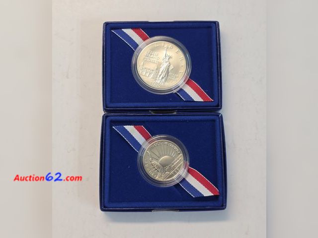 Lot 44-8375w - 1986 100th ANNIVERSARY OF THE STATUE OF LIBERTY 90% SILVER DOLLAR &amp; CLAD PROOF 'ELLIS ISLAND IMMIGRANTS' HALF DOLLAR. SILVER IS OVER $50...