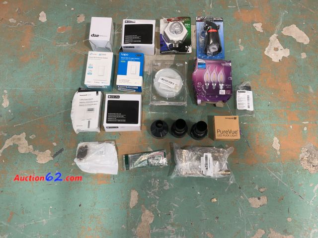 Lot 44-913p - Mixed Lot of Smart Home Devices, Lighting, and Hardware - Features Smart Switches, Plugs, Thermostat, LED Bulbs, Pool Kit, and Assorted Fitt...