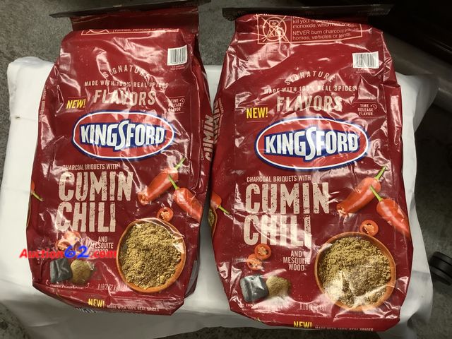 Lot 44-6109w - 2 Bags of Kingsford charcoal Briquets with Cumin Chilli and Mesquite Wood. 8lb bag. New. See All Photo's Not Tested