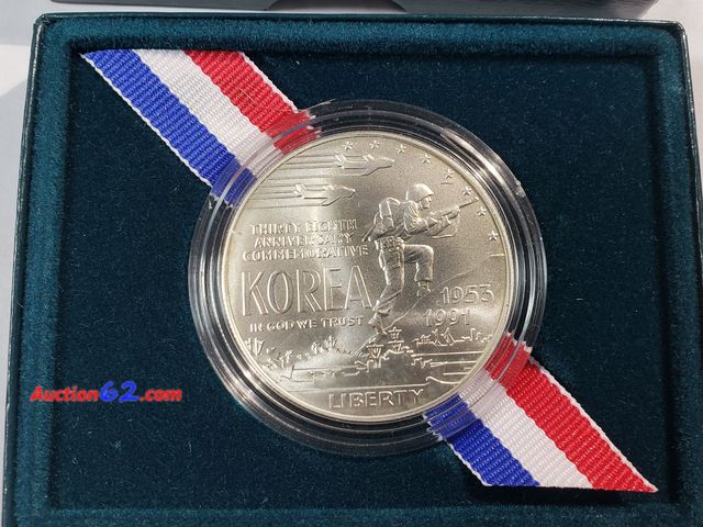 Lot 44-8309f - 1991 KOREAN WAR COMMEMORATIVE 90% SILVER DOLLAR. BRILLIANT UNCIRCULATED. 38TH ANNIVERSARY COIN, MINTED IN DENVER. COMES IN ORIGINAL US MINT ...