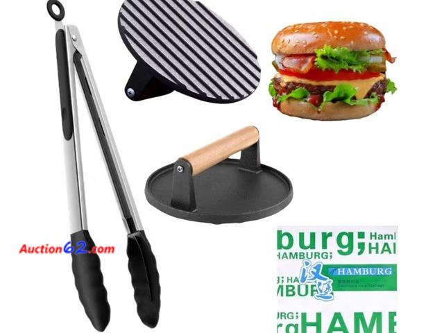 Lot 44-6546w - 6.7-inch Cast Iron Burgeepress, ideal for burgers and bacon. Paired with stainless steel tongs for precise handling and hamburger paper for ...