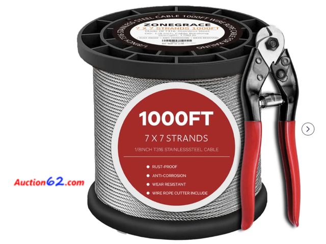 Lot 44-1719b - ZONEGRACE 7 x 7 Strands Wire Rope Cable - 1000ft, Stainless Steel, 1/8 inch E-Commerce Return, A basic inspection has been given to this ite...