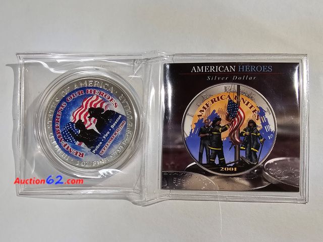 Lot 44-8314g - 2001 9/11 TRIBUTE COLORIZED ONE OUNCE .999 FINE PURE SILVER AMERICAN EAGLE. REMEMBERING OUR HEROES - POLICE, FIRE, RESCUE. COMES W/CERTIFICA...