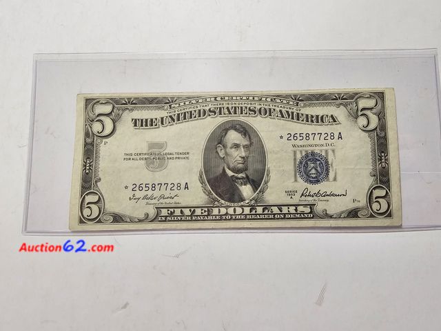 Lot 44-8349i - 1953 A $5 SILVER CERTIFICATE STAR NOTE. CIRCULATED. A STAR NOTE IS A REPLACEMENT NOTE FOR WHERE AN ERROR OCCURRED IN THE PRINTING. FROM BACK...