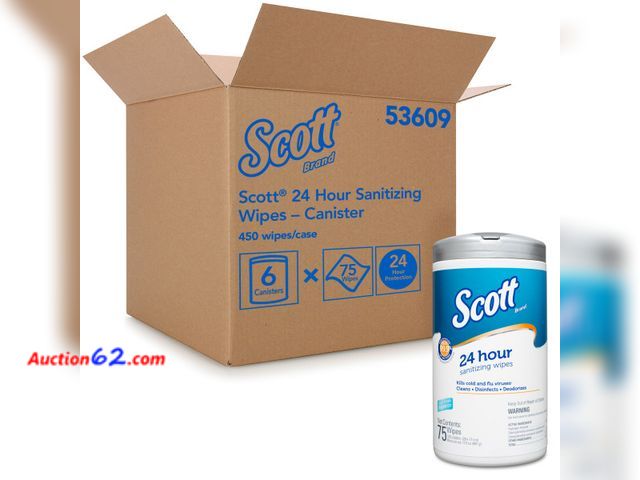 Lot 44-1734w - Scott 24-Hour Sanitizing Wipes, White, 75 Sheets per Pack, Case of 6 Packs Not Tested See All Photo's Appears New, A basic inspection has be...