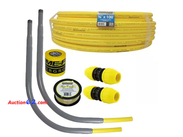 Lot 44-18g - Retail value $183- Underground 3/4in IPS New Install Kit (1)3/4inx100ft Pipe, (2)3/4in Couplers, (2)3/4in Meter Risers, Gas Line Detection A...