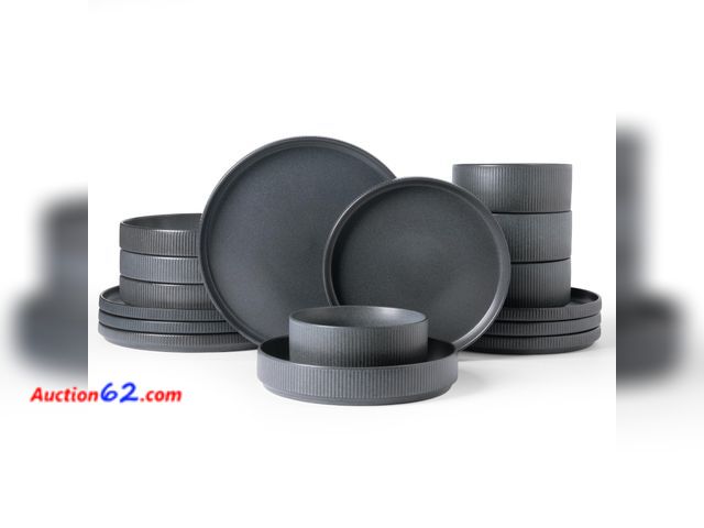 Lot 44-778a - $119.99 Retail price - Famiware Star Dinnerware Set with Pasta Bowls, Service for 4 (16pcs), Ribbed Stoneware Plates and Double Bowls Dishes...