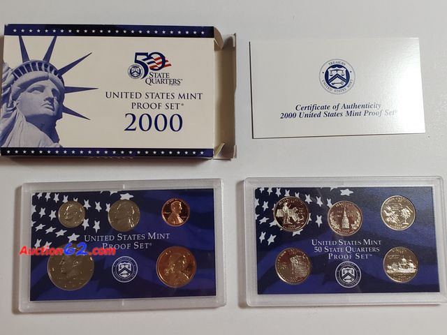 Lot 44-8549f - 10 COIN SET 2000 UNITED STATES PROOF SET W/SACAGAWEA DOLLAR, KENNEDY HALF, STATE QUARTERS-MASSACHUSETTS, MARYLAND, SOUTH CAROLINA, NEW HAMPS...