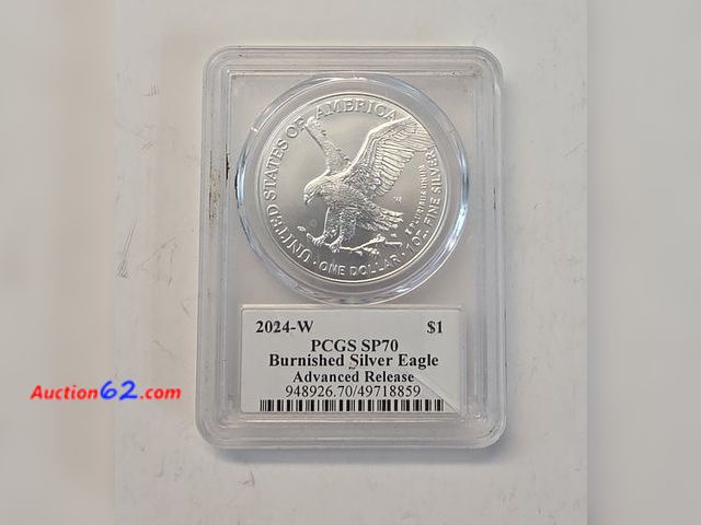 Lot 44-8301v - 2024-W ONE OUNCE .999 PURE BURNISHED SILVER EAGLE GRADED SP70 BY PCGS. PERFECT COIN! THEY DON'T GRADE ANY HIGHER! ALSO HAS THE ADVANCED RELE...