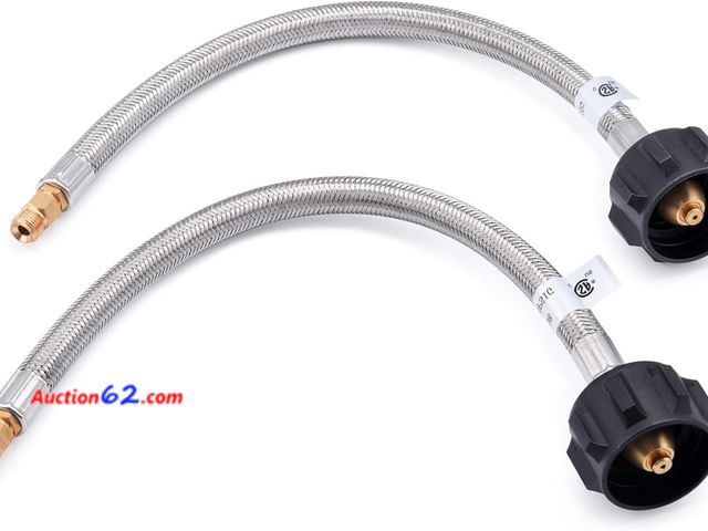 Lot 44-5517p - 18inch RV Propane Pigtail Hose Stainless Steel Braid Connector with Type 1 Connection x 1/4 Inch Inverted Male Flare (2 PCS)
 Appears New, A...