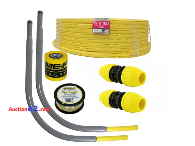 Lot 44-24g - Retail value $162- Underground 1/2in IPS New Install Kit (1)1/2inx100ft Pipe, (2)1/2in Couplers, (2)1/2in Meter Risers, Gas Line Detection A...
