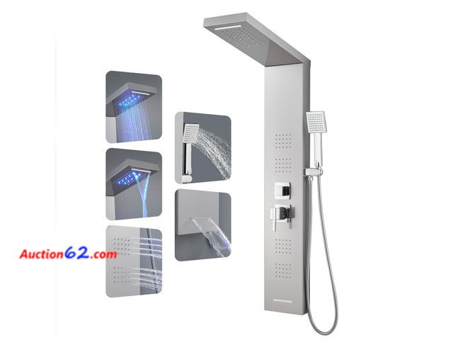 Lot 44-1641w - $132.99 Retail price - ROVOGO LED Shower Panel Tower System 46.5", 5-Function Shower Column with Rainfall Waterfall Shower Head, 4 Body Jets...