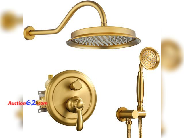 Lot 44-791w - $229.99 Retail price - Homekicen Brushed-Gold Shower Faucets-Sets Complete: Antique Rain Shower System in Wall, 9 inch Rainfall Head and Han...