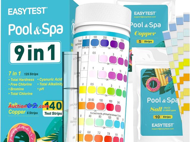 Lot 44-5556b - EASYTEST 9-Way Pool Test Strips, 140 Strips for Hot tub and Spa, Accurate Testing pH, Total Chlorine, Free Chlorine, Bromine, Alkalinity, To...