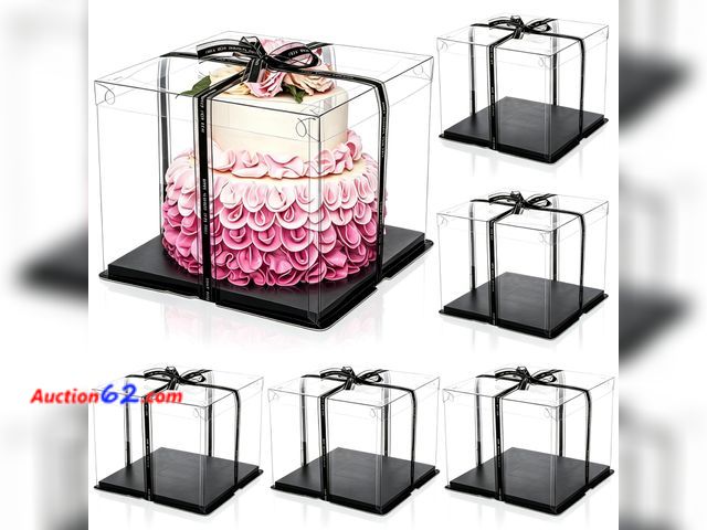 Lot 44-888 - Cididu 6 Pack Large Clear Cake Box with Ribbon, Tall Cake Box Carrier 12x12x10 Inch, Tiered Transparent Cake Packaging Boxes with Lid and Bo...