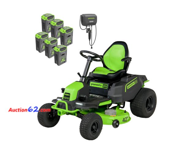 Lot 44-07z - $4,500 Retail Value- Greenworks 60V 42" Cordless Battery CrossoverT Riding Lawn Mower + (6) 8.0Ah Batteries &amp; 600kW Charger 7422402 1. A...