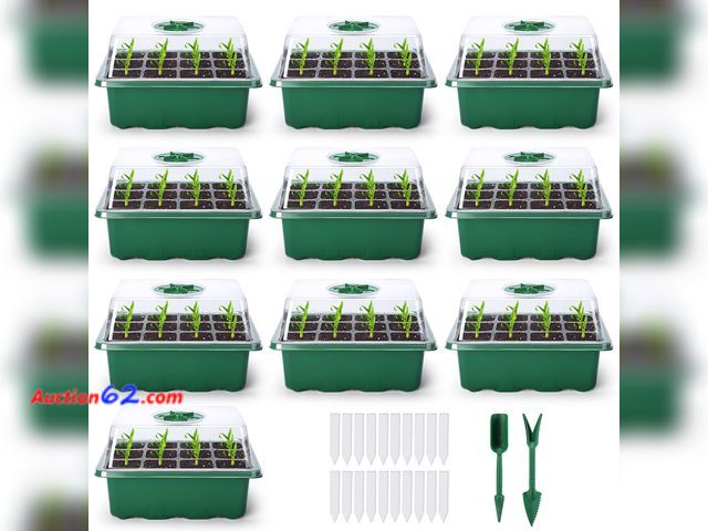 Lot 44-9043m - Delxo 10-Pack Seed Starter Kit Seedling Starter Tray (12 Cells) Humidity Adjustable Plant Germination Kit Garden Seed Starting Tray with Dom...