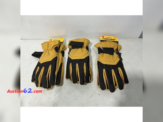 Lot 44-733i - Lot of (3) Firm Grip Winter Gloves, L Size, Water Resistant, Touchscreen Compatible, Cold Weather Protection, Gold Appears New, A basic insp...