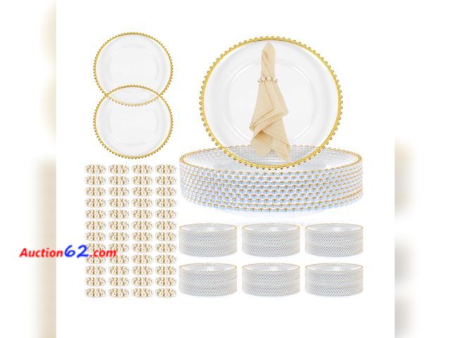 Lot 44-839i - Tioncy Charger Plates &amp; Napkin Rings Set See All Photo's Appears New, A basic inspection has been given to this item. Sold AS-IS. Not Te...