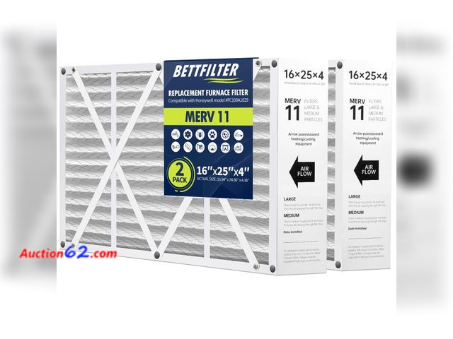 Lot 44-1689e - BETTFILTER 16x25x4 AC Furnace Air Filter Compatible with Honeywell FC100A1029 and Lennox (X6670), MERV 11 HAVC Filter Replacement, Actual Si...
