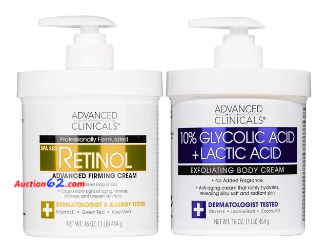 Lot 44-6570p - Advanced Clinicals Retinol Body Cream Moisturizer + Exfoliating 10% Glycolic Acid &amp; Lactic Acid Lotion 2PC Skincare Set For Women &amp; ...