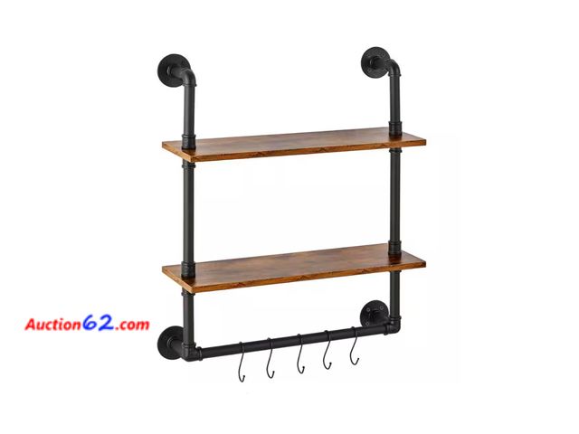 Lot 44-1100b - $38 Retail value- Industrial Pipe Shelf 2 Tier 7.87 in. W x 24 in. D Brown Wood Solid Decorative Wall Shelf Rustic Wood Shelves Bracket 1. A...