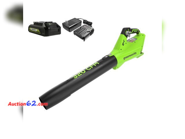 Lot 44-623f - $78 Retail price - Greenworks POWERALL 24V 2Ah Cordless 320FM / 90MPH Axial Leaf Blower Kit with Battery and Charger Included See All Photo'...
