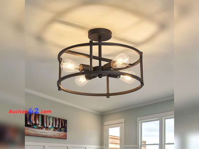 Lot 44-670o - hesoge Industrial Semi Flush Mount Ceiling Light,4 Light Rustic Metal Ceiling Light Fixture,Black Farmhouse Chandelier for Kitchen Island Di...