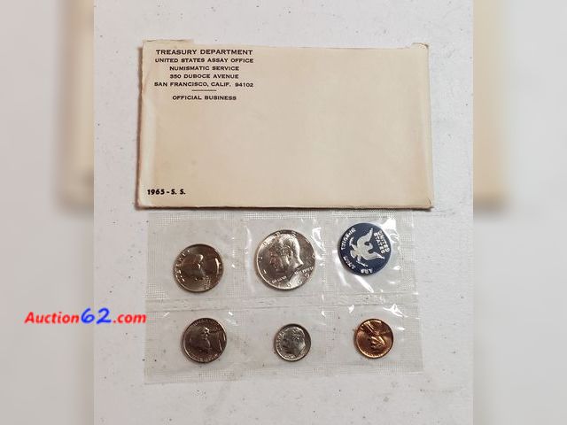 Lot 44-8500p - 1965 SPECIAL MINT SET WITH 40% SILVER KENNEDY HALF DOLLAR, WASHINGTON QUARTER, ROOSEVELT DIME, JEFFERSON NICKEL AND LINCOLN CENT. IN ORIGINA...