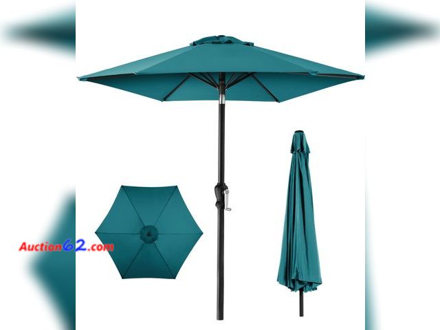 Lot 44-7188j - Outdoor steel market patio umbrella decoration w/tilt, crank lift 10 ft. Cerulean E-Commerce Return, A basic inspection has been given to th...