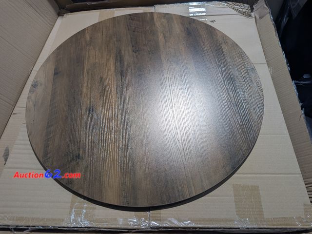 Lot 44-5502e - 31.5" Round wood slab (pressboard) with screw insets.  Great for a DIY coffee table. Appears New, A basic inspection has been given to this ...
