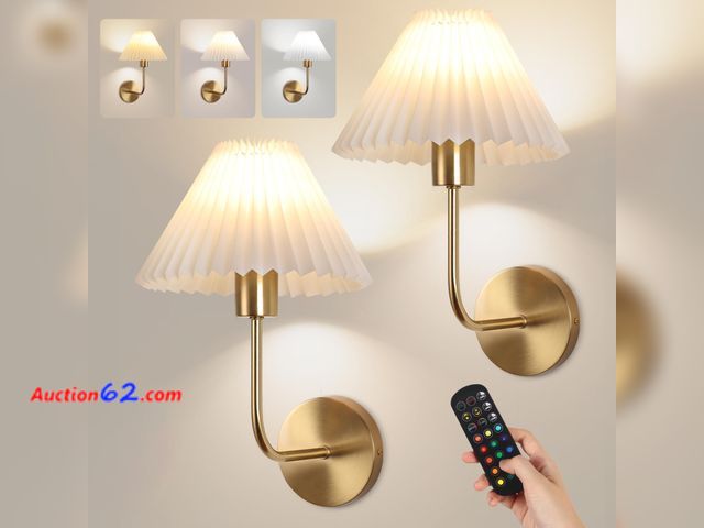 Lot 44-610f - Wireless Wall Sconce Sets of 2, Pleated Shades Rechargeable Battery Operated Wall Sconce, Retro Industrial Gold Wall Lights Bathroom Vanity ...