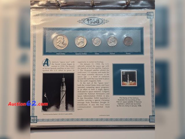 Lot 44-8327p - US COINS OF 1958 COMMEMORATIVE PAGE! COMES WITH A 1958-P 90% FRANKLIN HALF DOLLAR, 1958-D 90% SILVER WASHINGTON QUARTER, 1958-D 90% SILVER R...