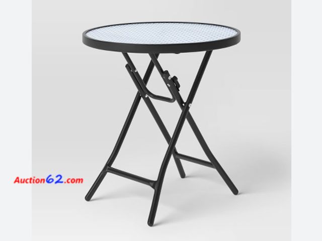 Lot 44-1556w - Glass Round Printed Folding Outdoor Portable Side Table Blue/White/Black - Room Essentials™ Appears New, A basic inspection has been given t...