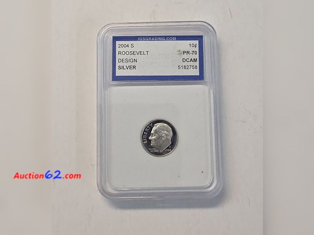 Lot 44-8345p - 2004 S ROOSEVELT 90% SILVER PROOF DIME GRADED PR-70 BY IGS. PERFECT COIN DOESN'T GRADE ANY HIGHER! MINTED IN SAN FRANCISCO.-NT