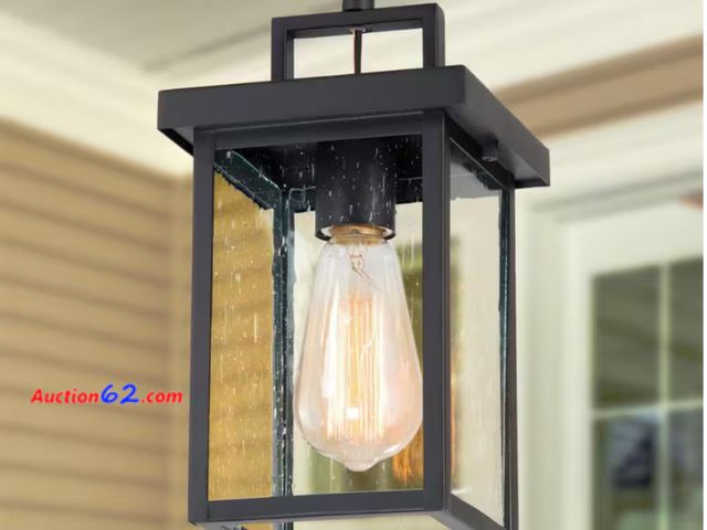 Lot 44-1103b - $90 Retail value- 1-Light Black Square Outdoor Pendant Light for Patio Modern Outdoor Hanging Light with Seeded Glass Shade 1. Appears New, ...