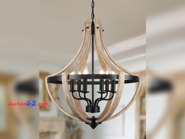 Lot 44-285n - $189.99 Retail price - 6-Light Large Rustic Farmhouse Dining Room Chandeliers, Adjustable Height Entryway Light Fixture, Hanging Wood Chande...