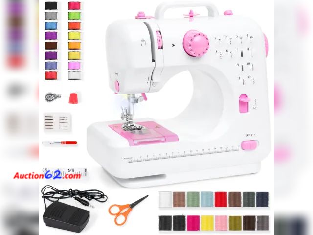 Lot 44-3039t - 6V Portable Foot Pedal Sewing Machine w/ 12 Stitch Patterns - BCP Products SKY4123 - Pink - See Pictures E-Commerce Return, A basic inspecti...