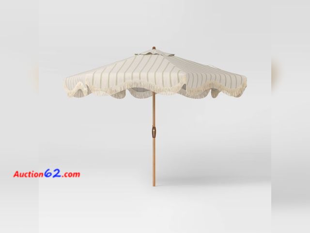 Lot 44-170p - Retail of $130- 9’ Round Striped Scalloped Fringe Edge Outdoor Patio Market Umbrella Cream - Threshold™ designed with Studio McGee Appears N...