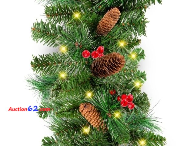 Lot 44-6500t - 9ft Pre-Lit Christmas Garland w/ 50 Lights, Pine Cones, Berries, Corded Appears New, A basic inspection has been given to this item. Sold AS...