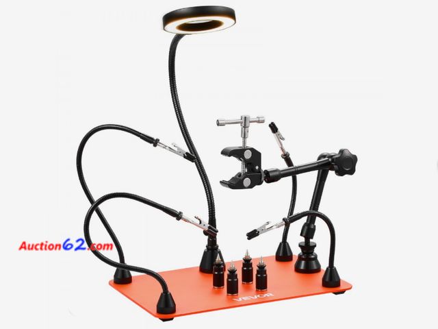 Lot 44-1574j - VEVOR Magnetic Helping Hands Soldering Station, Third Hand Soldering Tool with 3X LED Magnifying Lamp, 4 PCB Holders &amp; 360 Hot Air Gun H...
